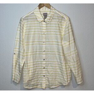 Chico's Women’s 2 Large 12  Button Up Shirt Long Sleeve Striped Yellow Roll Tab